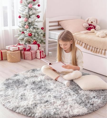 VOFUSHON Teppich Rund 150 cm Hellgrau Waschbar Rutschfester Hochflor Runder...