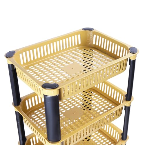 Image of Multipurpose Plastic Storage Rack for Kitchen | Foldable Vegetable & Fruit Organizer Stand for Onion, Potato, Sabji | Countertop Multi-Layer Basket Rack for Home, (Yellow, 4 layer)