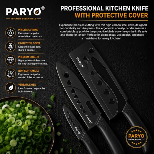 Image of PARYO 3 Pcs Kitchen Knife Set with Protective Covers, Stainless Steel Blades Non-Slip Handle, Multipurpose Vegetable, Fruit & Food Cutting Knives for Home Kitchen and Restaurant Use (ONLY Knife Set)
