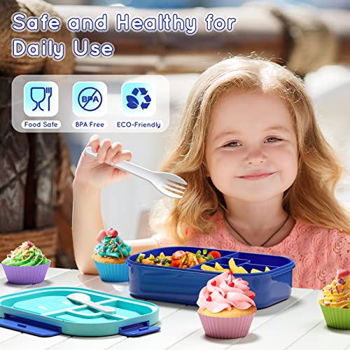 Image of Kids Bento Lunch Box Leakproof Lunch Box with 4 Compartments Lunch Containers with Tableware Kids Bento School Lunch Boxes with Container 44oz, Microwave Dishwasher Freezer Safe (Blue)