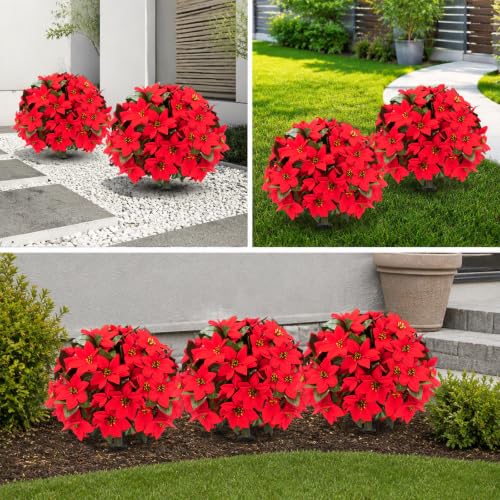 Image of 26 inch Artificial Poinsettia Topiary Ball Tree 2-Pack, UV Resistant Outdoor
