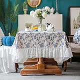 ARTMAGIC Cotton Linen Tablecloth Vintage Blue Floral Pattern Embroidery White Lace Washable Rectangle Table Cloths French Country Decor for Home Holiday Party Picnic (Blue Floral, 60'x84')