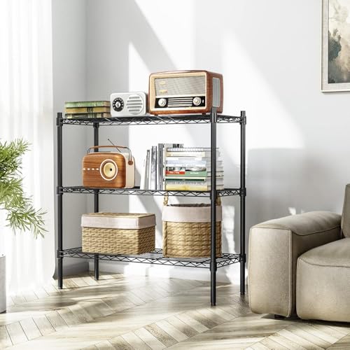 Image of Premium Heavy-Duty 3-Tier Black Metal Wire Storage Rack Shelf Organizer | Adjustable Multipurpose Freestanding Shelving Unit for Home, Office, Kitchen | Size 17 inch D x 27 inch W x 32 inch H Inch