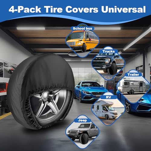Image of Tire Covers 4 Pack, Trailer,RV,Camper,Truc,SUV,Boat Wheel Cover for Paint Masker /Protection, Tough Covers UV Resistant Dustproof Water,Bring Windproof Buckle (FitsTire Diameters 24 inch-26 inch,Black)