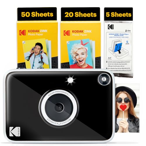 Image of Kodak Printomatic+ Full Color Instant Print Digital Camera (Black) 75 Sheets Bundle, 10MP, RGB LED Indicator, Prints On Zink 2x3 Sticky-Back Photo Paper