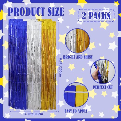 Image of TONIFUL 2Pcs Blue Silver Gold Metallic Tinsel Foil Fringe Curtain Streamers | 3.3ftx6.6ft Photo Booth Backdrop Door Streamer, Props for New Year Eve Birthday Graduation Retirement 80s 90s Party Decor
