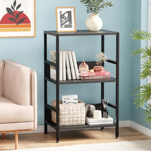 Image of Lukzer 3-Tier Wooden Bedside Table for Bedroom & Multipurpose Open Storage Shelf (MMR-006-Black & Black) Metal Side Tables for Living Room & Space-Saving Kitchen Organizer Rack (70 x 53 x 30 cm)