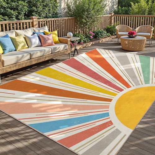 Image of Multicolored Outdoor Indoor Area Rug Boho Sun Rainbow Washable Outdoor 8x10 Patio Rugs Medieval Aesthetic Vintage Abstract Art Non-Slip Carpet for Living Room, Patio, Porch, Pool Deck (8x10)