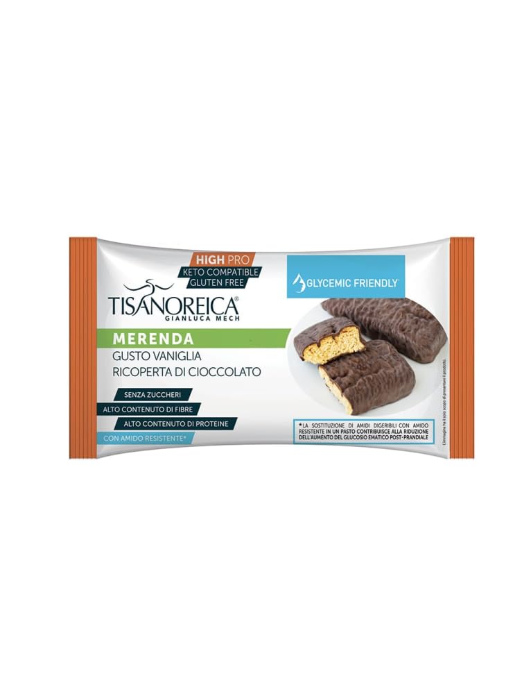 Gianluca Mech | Merenda Vaniglia Ricoperta di Cioccolato, 10 Pezzi x 43g, Snack Proteico Senza Zuccheri, ad Alto Contenuto di Fibre e Proteine, Senza Glutine e Vegan