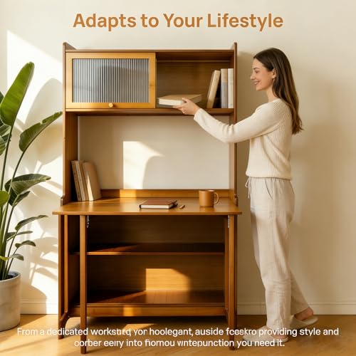 Image of Folding Desk with Storage, Bamboo Foldable Computer Desk for Small Spaces, Small Writing Desk with Shelves for Bedroom Dorm Home Office