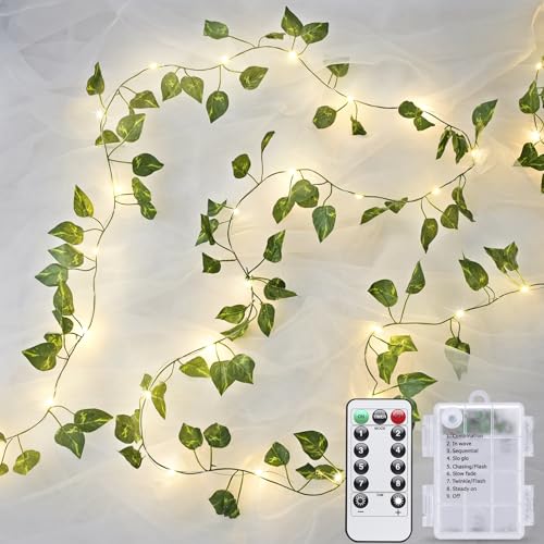 JMEXSUSS 33Ft Vines with Lights Battery Operated 100 LED Pothos Leaf Vine Lights for Bedroom Wall Room Party Wedding Decoration (Warm White)