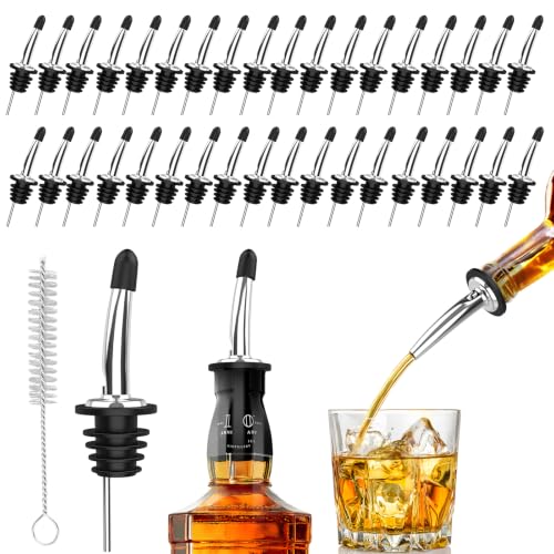 SINLUCESCE 36-Pack Stainless Steel Pour Spouts for Liquor Bottles Oil Vinegar and Wine,Liquor Bottle Pourers with Rubber Dust Caps,Bar accessories,Pourers for Bartending