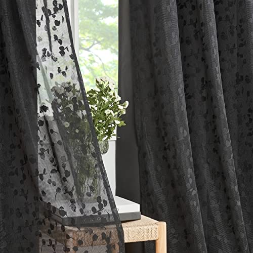 Image of Mix Matched Black Full Blackout & Sheer Leaf Lace Curtains 52 inchWx95L 6Panels