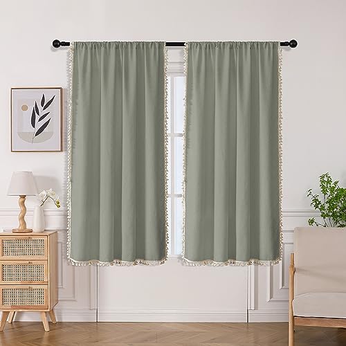 Image of Joydeco Greyish Green Boho Curtains 63 Inch Length 2 Panels Set, Boho Curtains for Bedroom Living Room, Super Soft Light Filtering Country Rustic Semi Sheer Farmhouse Curtains Rod Pocket