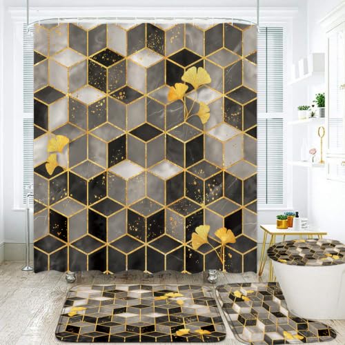 LQCOOL Black Marble Shower Curtain Set 4Pcs Mordern Bathroom Sets with Rugs Waterproof Shower Curtain with 12 Hooks for Bathroom Decor