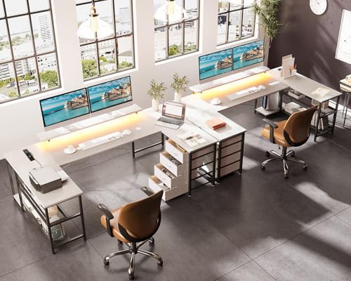 Scrivania con Cassetti, Scrivania ad Angolo Reversibile con Multipresa, Scrivania Gaming con LED e Supporto per Monitor per Ufficio a Casa, 167×102 cm, Bianco - Sedia gaming - Immagine 3