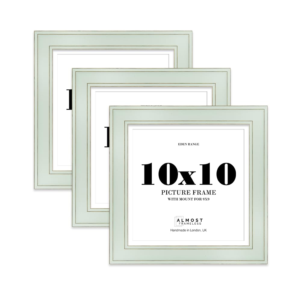 10x10" Sage Green Square Picture Frame with 9x9" Mount - Shabby Chic Photo Frame with Distressed Finish, Gold Trim, Wall Hooks and Kickstand, 37mm Edge - 3 Pack