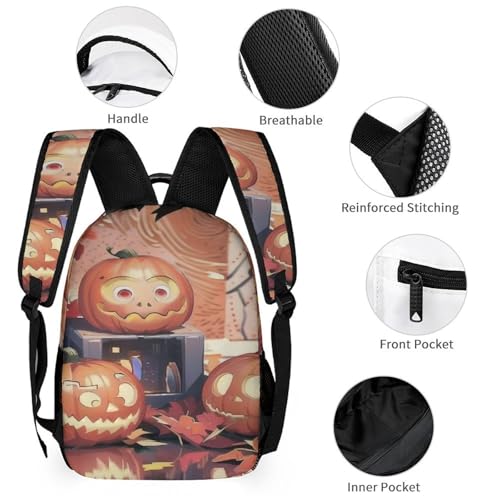 3Pcs Backpack Sets Halloween Pumpkin Print Travel Daypack 3 in 1 Lightweight Backpack Set with Lunch Bag And Cosmetic Bag3