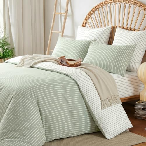 Image of Nayoroom Striped Duvet Cover Queen Reversible Green White Stripe Bedding