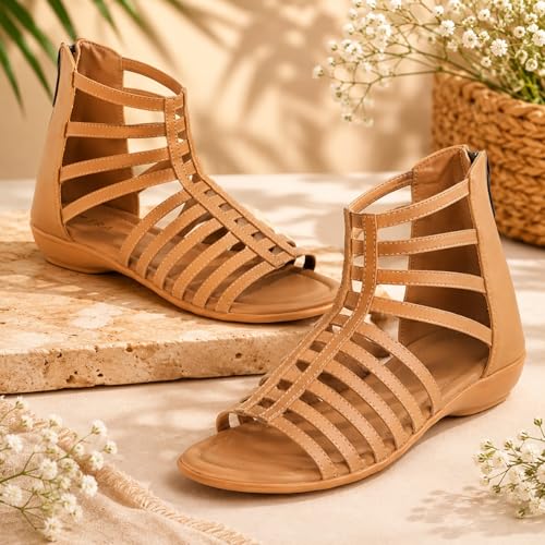 Image of TRASE Flats Gladiator With Zip Closure For Women Sandals| Gladiator High-Tops Sandals For Women | Stylish & Comfortable | College, Office, Shopping, Outdoor & Beach Wear