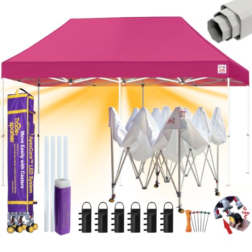 Image of Tradesparker 10x20 Pop Up Canopy Tent,Commercial Movable Canopy with ApexCore LED&Rugged Casters-Instant Easy Setup Shelter Canopies with Weight Bags&Stakes for Outdoor Events Markets Vendors,Pink