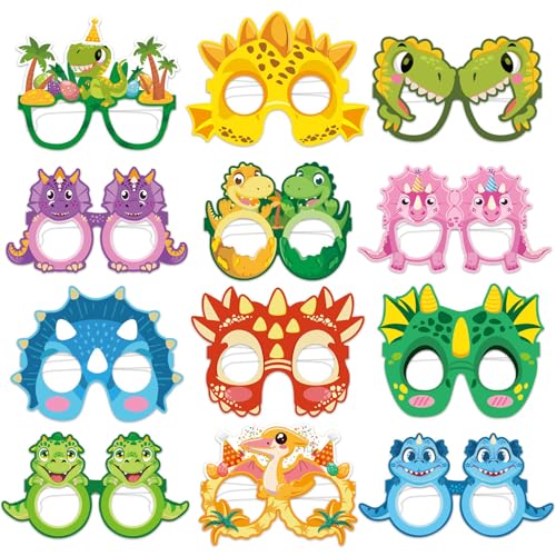 OU RUI 12 Pcs Dinosaur Eyeglasses Funny Dinosaur Party Paper Masks for Jungle Birthday Party Favor Dino Theme Eyeglasses Photo Props Costume Accessories