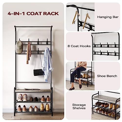 Amyove Coat Rack Shoe Bench, 3-in-1 Hall Tree Shoe Rack for Entryway, Coat Tree with 3-Tier Storage Shelf and 8 Hooks, Industrial Furniture with Steel Frame, Multifunctional Hallway Organizer, Grey