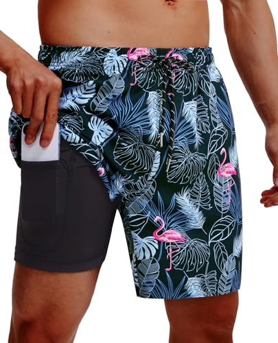 Image of Gleeease 7inch Mens Swim Trunks 2 in 1 with Compression Liner Pockets Drawstring Quick Dry Stretch Lined Funny Beach Pool