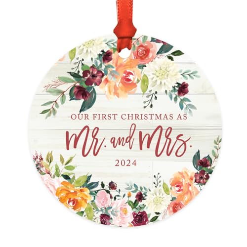 Andaz Press Custom Year Wedding Metal Christmas Ornament, Our First Christmas As Mr. and Mrs. 2024, Light Rustic Wood with Florals, 1-Pack, Includes Ribbon and Gift Bag