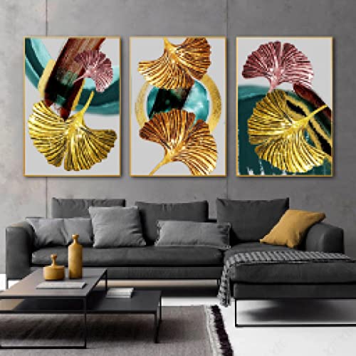 Toile salon moderne ginkgo 3 pièces pour habiller un mur vide sans percer de grands trous