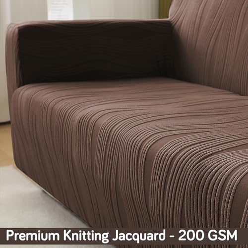 Image of HOKIPO 4 Seater Sofa Cover - 200 GSM Premium Jacquard Stretchable Fully Covered Slipcover,' Nestiva Series' Chocolate Brown (NEW-AR-5310-BR)