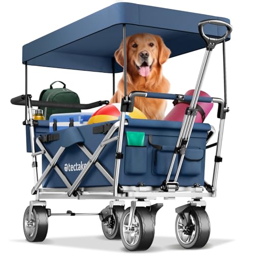 tectake® Bollerwagen faltbar mit Dach, Handwagen mit Bremsen und Taschen, Strandwagen, Outdoor Gartenwagen, Transportkarre bis 80 kg Belastbarkeit, klappbar - blau