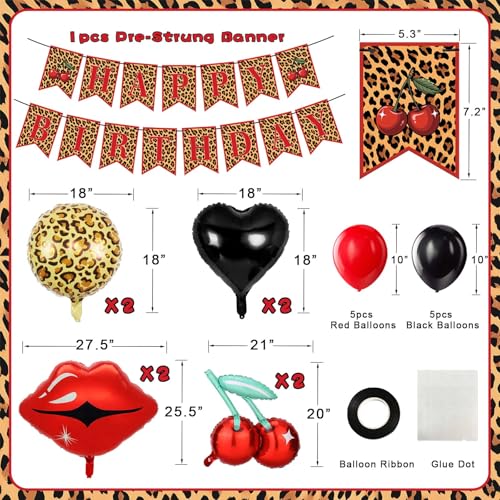 Image of Red Cheetah Birthday Decorations, Banner with Foil Balloons | Quick and Easy Setup, Can Float, for Bachelorette Party Decor, Kiss the Miss Goodbye, Women's Birthday