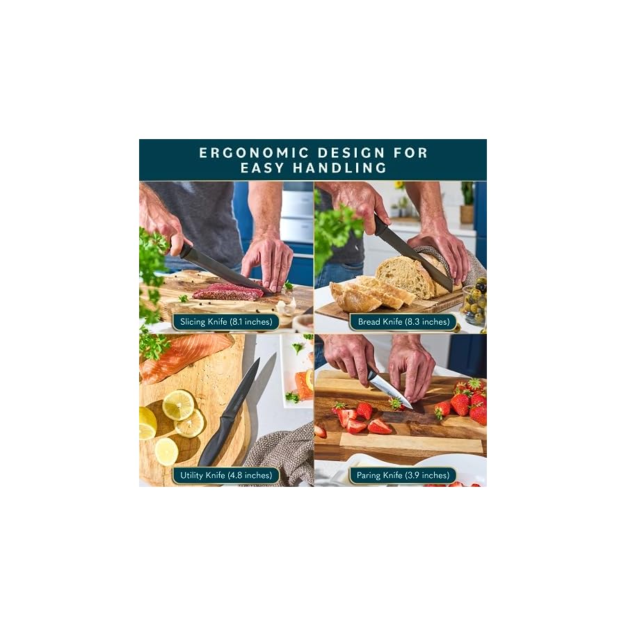 Home Hero Kitchen Knife Set with Sharpener - High Carbon Stainless Steel Knife Block Set with Ergonomic Handles (16 Pcs - Black)