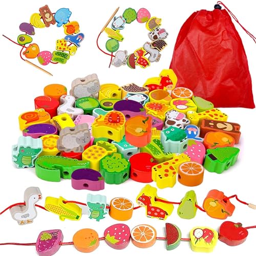 Grosse Perle en Bois Enfant 2 Ans, 42pcs Jouets de Filetage en Bois avec Perles Animaux Fruits Montessori Jouets Éducatifs Anniversaire Cadeau pour Garçons...