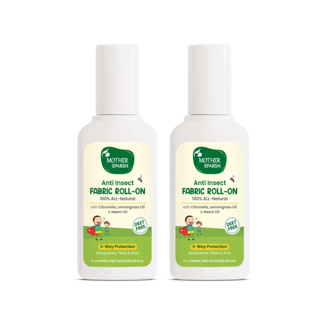 Mother Sparsh Natural Mosquito Repellent Fabric Roll-on for Babies, 3-Way Protection from Mosquitoes, Fleas and Ants (12ml, Pack of 2)