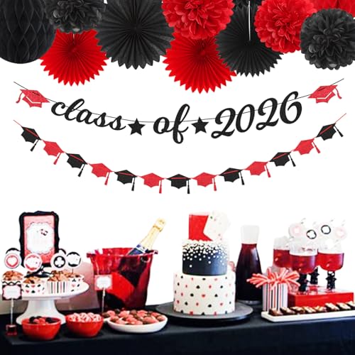Image of Red Black Party-Decoration Graduation Banner - 14pcs Kits Cap Garland Streamers, Paper Tissue Pom Poms Flowers Fans Honeycomb,Class Of 2026 College High School Grad Decor Hugfond