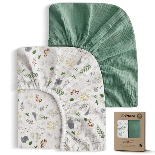 Image of VYPERX Soft Muslin Crib Sheets | 28" x 52", 100% Muslin Cotton Fitted Baby Crib Sheet Fit for Standard Crib Mattresses or Toddler Bed Mattress, Neutral Boho Color for Boys or Girl, 2 Pack Roman Green