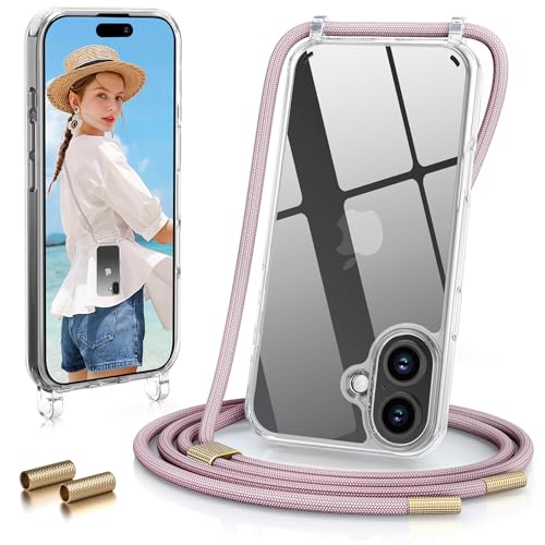GOODVISH Handykette für iPhone 17 Hülle mit Band Kameraschutz und Bildschirmschutz Necklace Handyhülle mit Schnur Schutzhülle für zum Umhängen Transparent Case mit Kordel 6.3 Rosé Gold