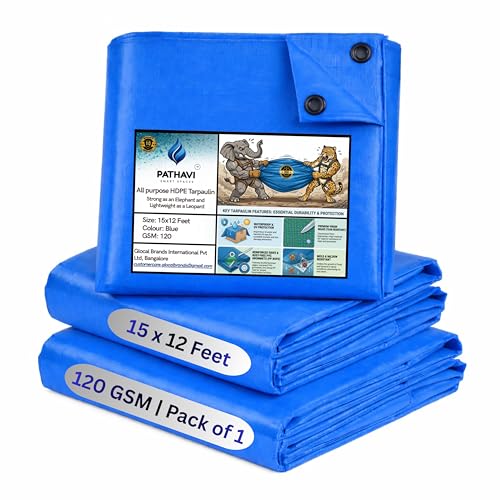 Image of Premium 15x12ft Blue Tarpaulin, Thadika, 120 GSM Virgin Tharpai Sheet, Heavy Duty Waterproof Tadpatri Cover with Reinforced Eyelets & UV Protection, Ideal for Trucks, Farms & Home Use, 1 Sheet