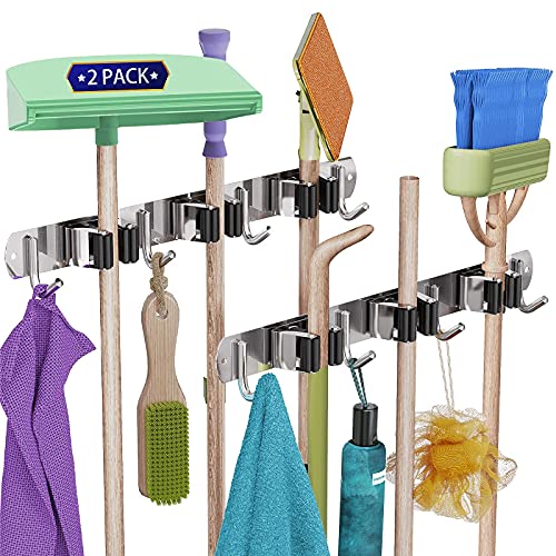 3 Pack Mop And Broom Holder Wall Mount, Broom Organizer Wall Mounted, Stainless Steel Storage Organizer Hooks, Heavy Duty Tools Hanger For Home, Kitchen, Garden, Garage, Laundry (3 Racks 4 Hooks) #TOP1