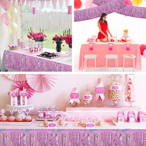 Image of BEISHIDA 3 Packs Metallic Foil Fringe Garland Laser Light Pink Wall Hanging Tinsel Fringe Banners for Car Floats Bridal Shower Wedding Birthday Easter Graduation Holiday Party Decoration(30 Feet)