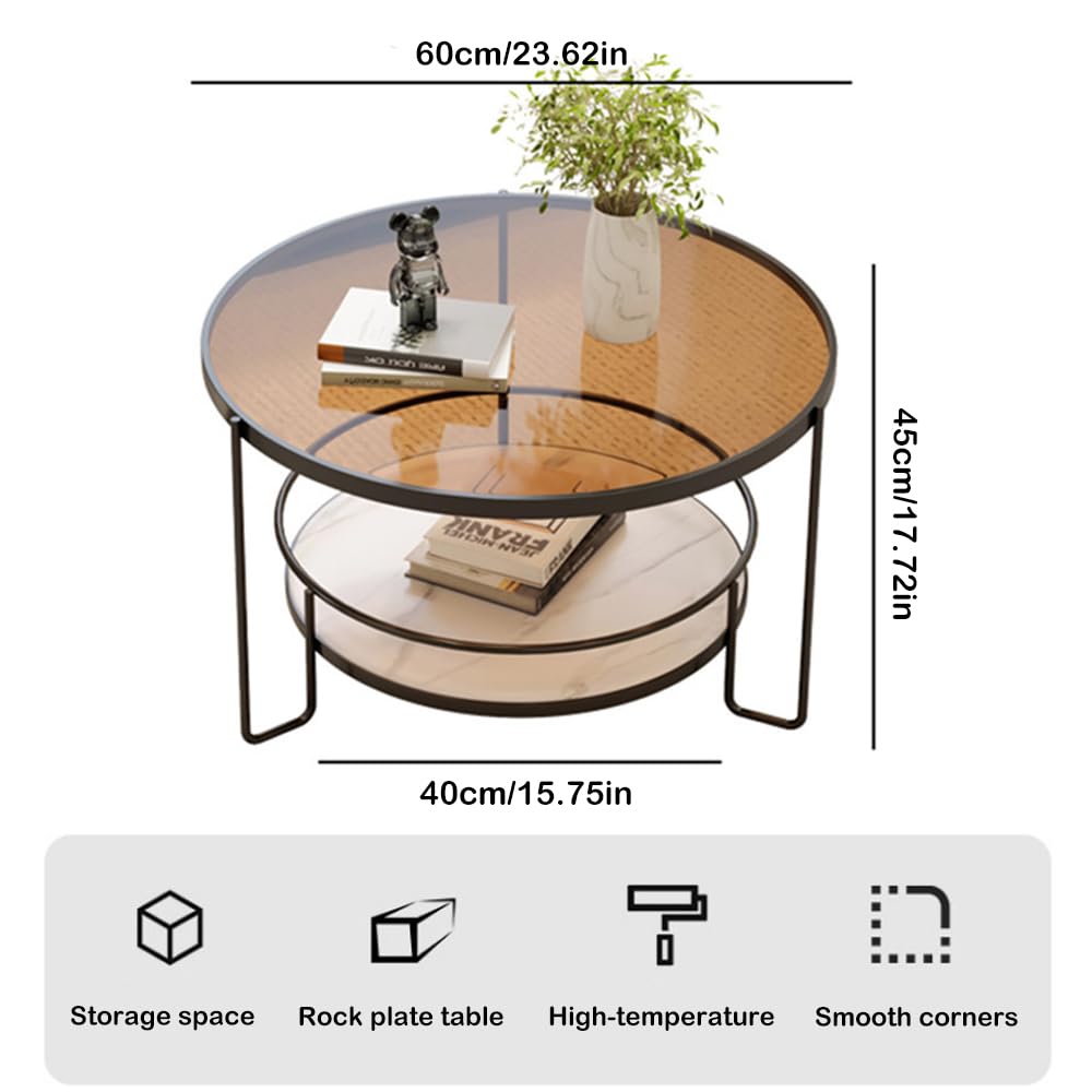 SINBINTA Table Basse Ronde Verre 60cm - Cadre Métal Blanc, Design Moderne 2 Niveaux