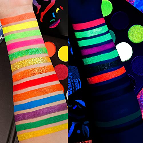 De'lanci Neon Eyeshadow Palette,Matte Shimmer Glitter Highly Pigmented Blacklight Colorful Makeup Pallet,Neon Makeup Glow In The Dark Face Paint,Waterproof Rainbow Bright Eye Shadow Halloween Makeup #TOP2