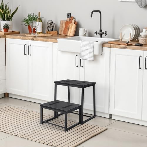 smusei 2 Stufen Tritthocker Klappbar für Erwachsene & Kinder, 3-in-1 Stabiler Holzhocker Fußbank Abnehmbar für Küche, Bad, Schlafzimmer, Toiletten, Tragfähigkeit 200KG -Schwarz