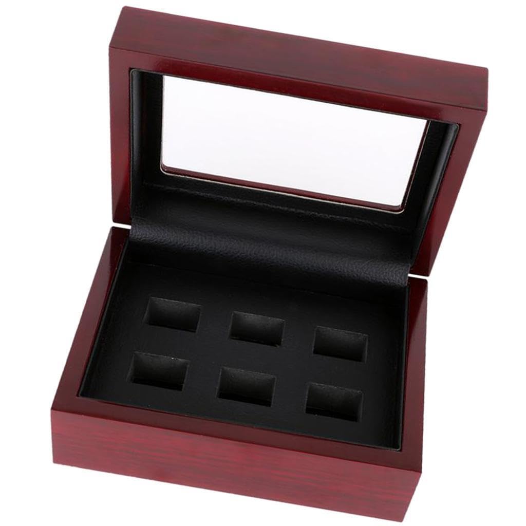 TWISAXC Premium Championship Ring Display Case Beautifully Manufactured Storing Championship Rings Wooden Jewelry Gift Box Christmas Ring Collection Box Solid, Wine Red, 6 Hole