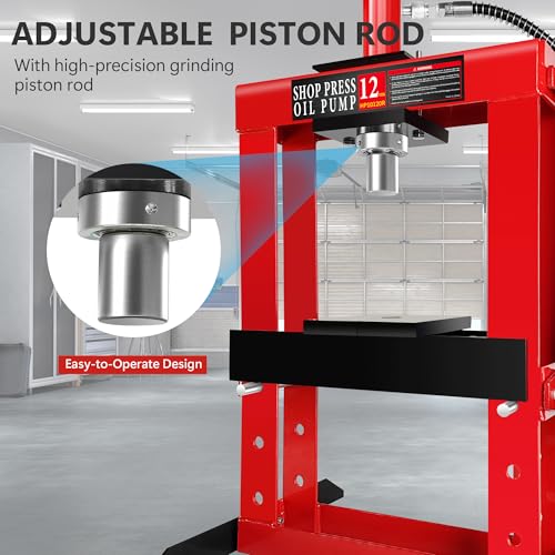 Hydraulic Shop Press, 12Ton H-Frame Garage Shop Benchtop Press with Pressure Gauge & Press Plates, Adjustable Working Table Height Used for Pressing, Bending, and Straightening, Red