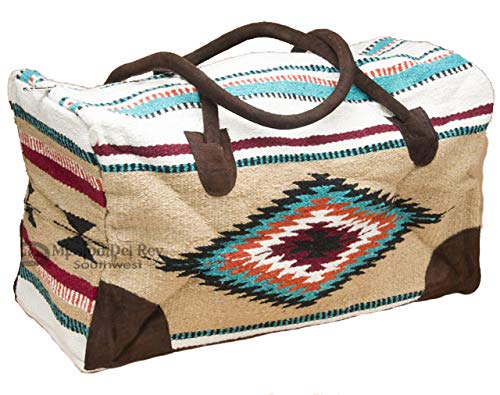 Go West Travel Bag -Weekender Duffle Bag, Hand Woven Rug Bag w/Leather Handles -El Paso Saddle Blanket (B-Tan, X-Large)