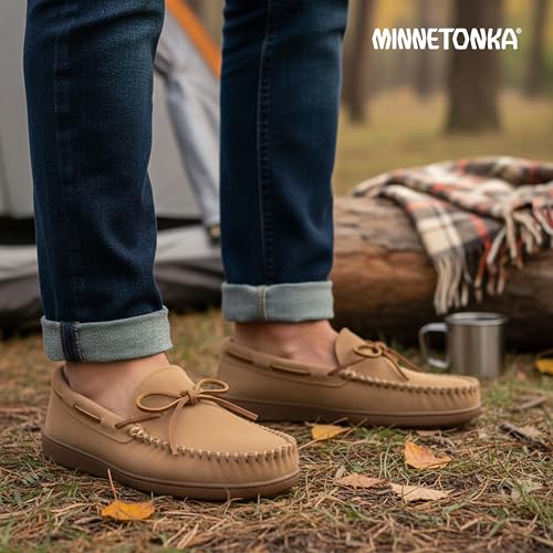 Image of Minnetonka Plaid Lined Hardsole - Moccasin Slippers for Men Made with Suede Upper, Rubber Sole, Plush Interior, Fleece Lining, Rawhide Lace, and Traditional Moccasin Design