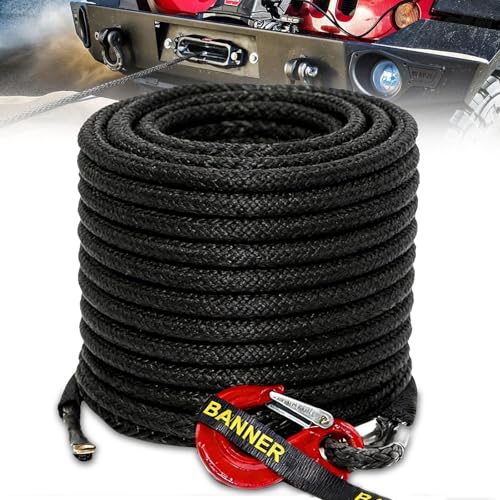 Cuerda de Remolque para Coche, Cabestrante 15m Largo 8mm Diámetro Cuerda Sintética de 12 Hilos 6000kg / 13228 Libra Cuerda de Plástico Cuerda de Remolque con Gancho Metálico para SUV ATV UTV, Negro